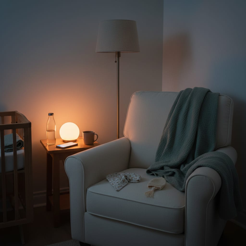 A nursing chair beside a warm night-light, muslin blanket and water bottle within reach