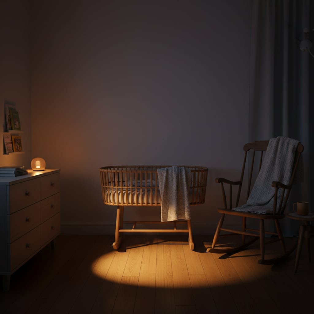 A nursery at night lit by a warm night-light, bassinet and rocking chair in the glow